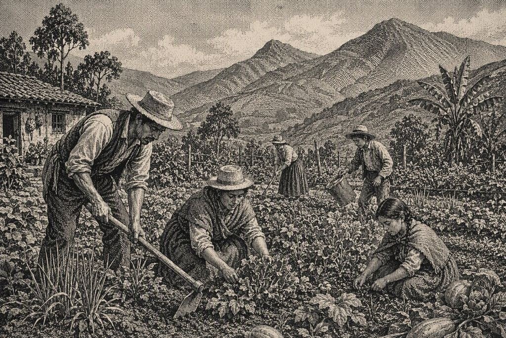 Ilustración estilo periódico de una huerta comunitaria