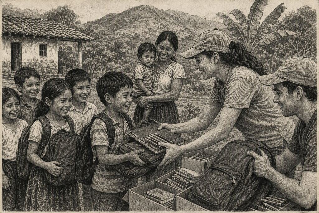Ilustración estilo periódico de niños recibiendo kits escolares