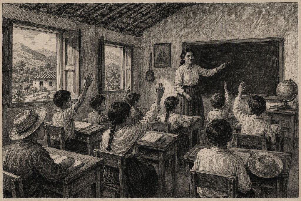 Ilustración estilo periódico de un salón de clases rural