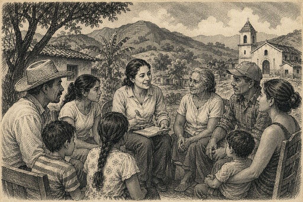 Ilustración estilo periódico de una sesión comunitaria de apoyo psicosocial